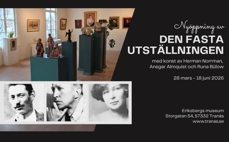 Affisch för en konstutställning på Eriksbergs museum med målningar och skulpturer, samt utställningsinformation.