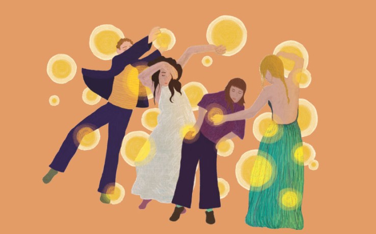 Illustration av fyra personer som dansar omgivna av gula cirklar på en orange bakgrund.