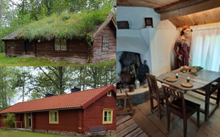 Två traditionella svenska timmerstugor utomhus och ett rustikt kök med träbord och stolar inomhus.