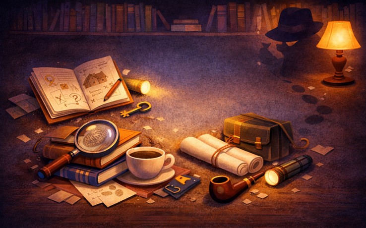 Ett skrivbord med böcker, förstoringsglas, kaffekopp, pipa, karta och ficklampa i ett dunkelt bibliotek.