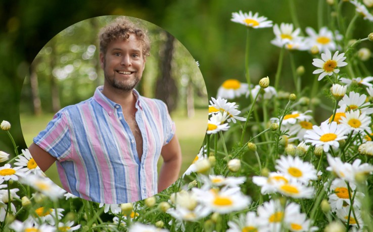 En person i randig skjorta står i en somrig äng med prästkragar, ansiktet är suddat.